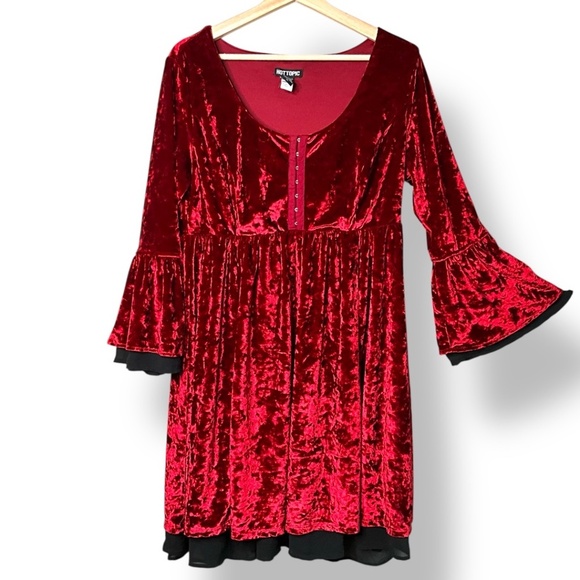 HOT TOPIC Poly Red Velvet Black Chiffon Trim Hook & Eye Close Dress Bell Sleeves - Picture 3 of 9